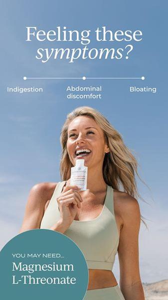 A vertical 9:16 ad layout targeting digestive discomfort by positioning Magnesium L-Threonate as a direct solution to physical symptoms.